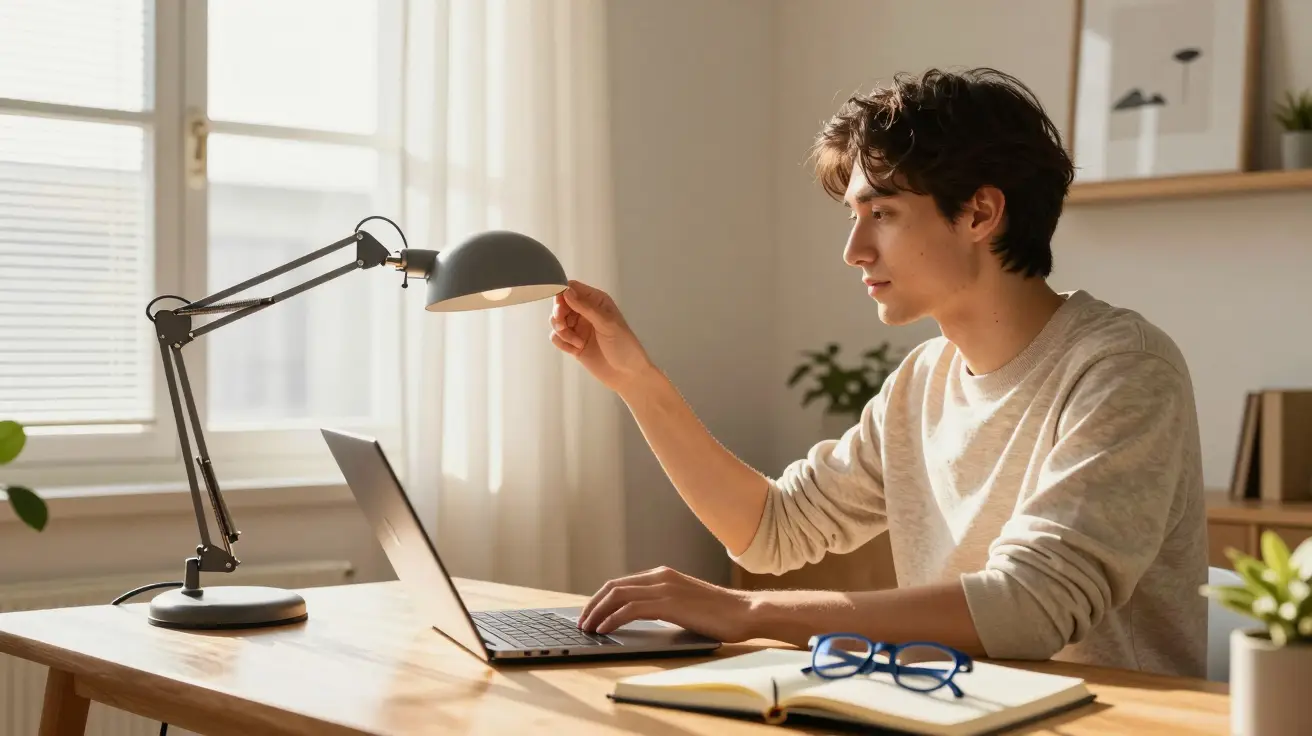 Jovem ajustando luminária ao lado de notebook e caderno em mesa iluminada pela luz natural.