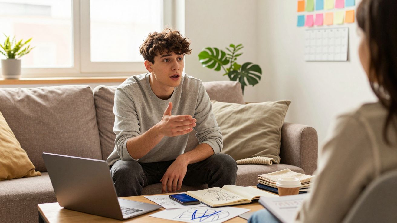 Jovem sentado no sofá conversa com outra pessoa, com laptop e materiais de estudo em mesa à frente.