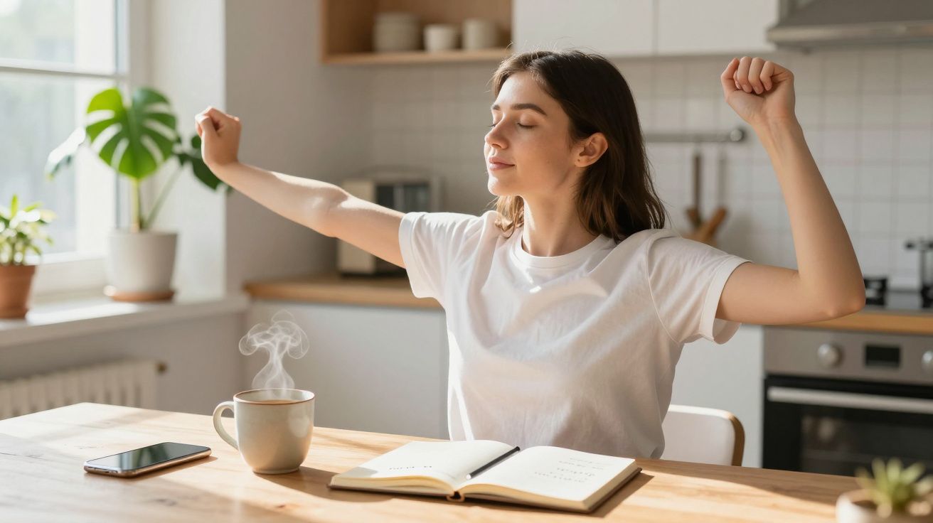 Jovem alongando os braços sentada à mesa com xícara de café, agenda aberta e celular ao lado na cozinha.