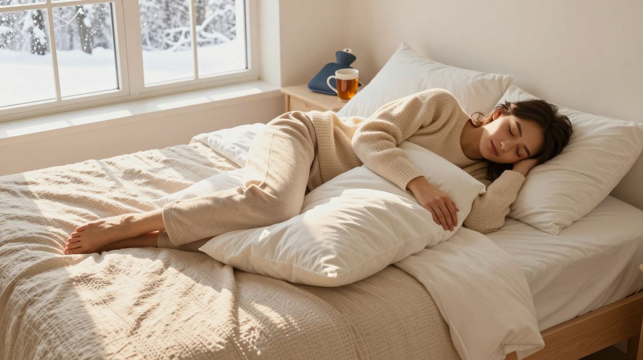 Mulher dormindo abraçada a um travesseiro em uma cama perto da janela com neve do lado de fora.