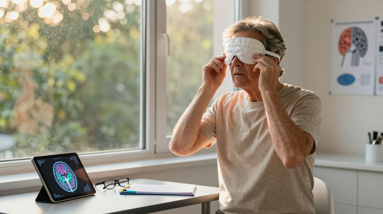 Homem idoso ajusta máscara terapêutica nos olhos em ambiente iluminado com tela de cérebro ao lado.