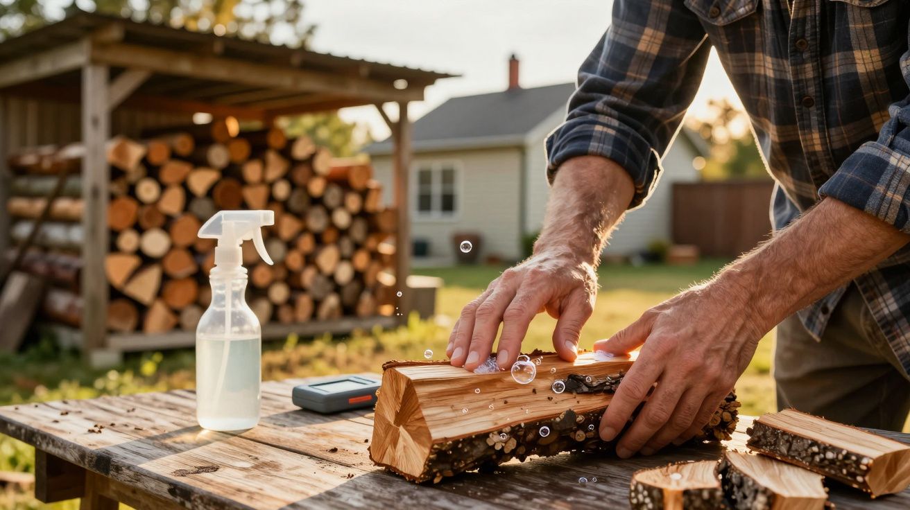 Homem cortando lenha ao ar livre com garrafa borrifadora e ferramentas sobre mesa de madeira.
