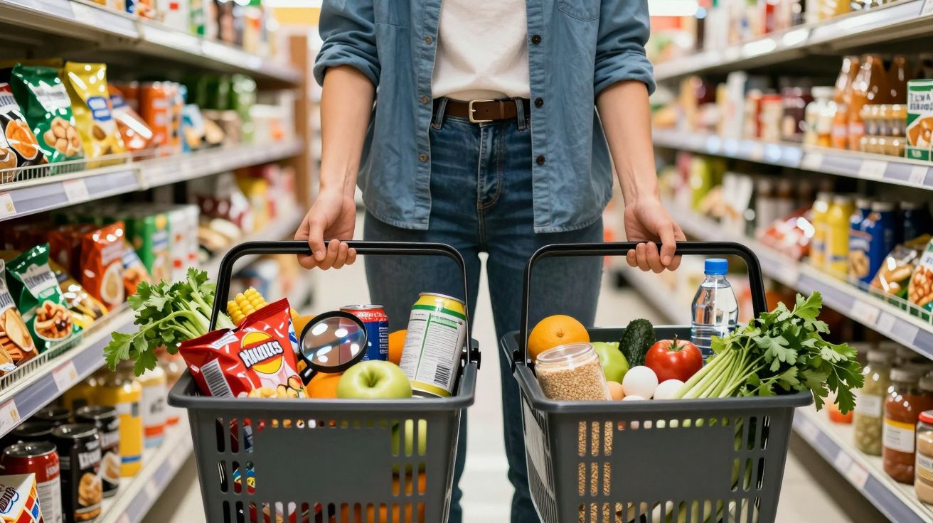 Pessoa segurando duas cestas com alimentos variados em corredor de supermercado.