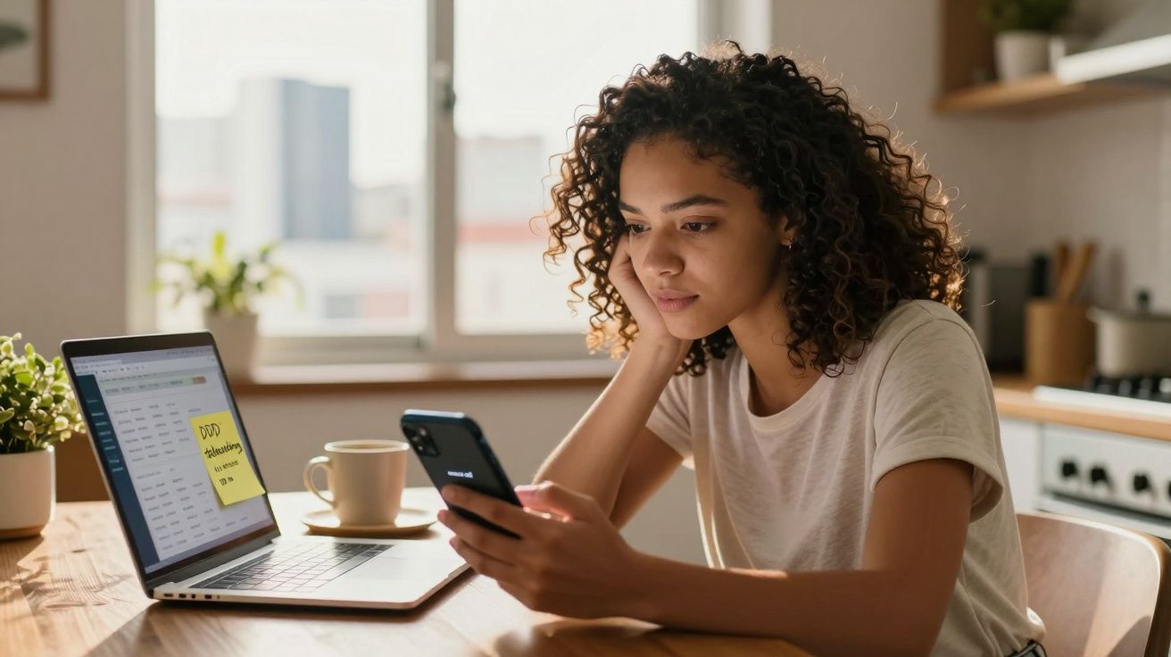 Jovem mulher olhando para celular sentada à mesa com laptop aberto e xícara em cozinha iluminada.