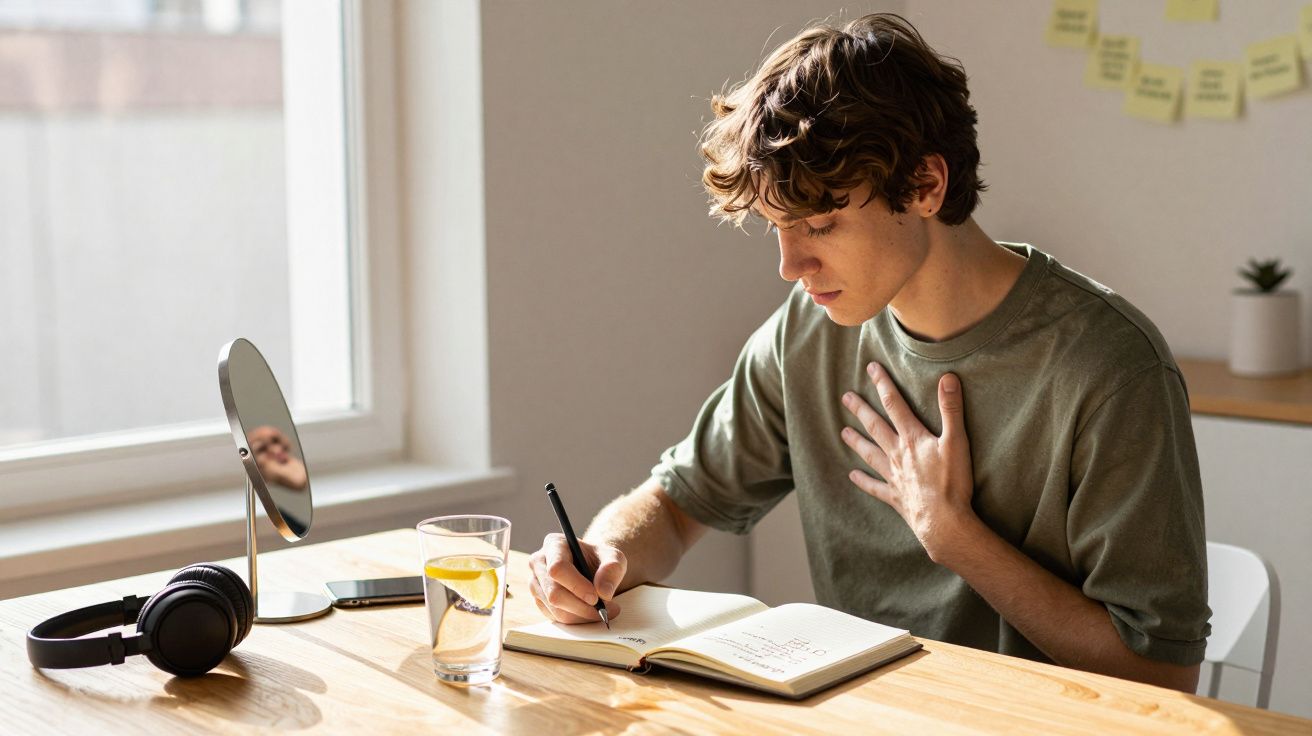 Jovem escrevendo em caderno, sentado à mesa com copo d'água e fones de ouvido perto de janela iluminada.