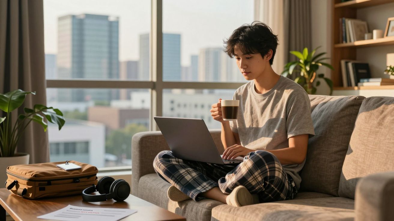 Pessoa jovem sentada no sofá com laptop e tomando café, ambiente interno com janela e prédios ao fundo.