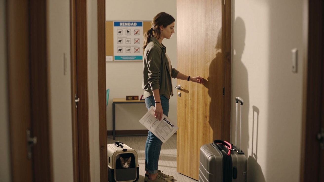 Mulher abre porta carregando jornal, com malas e caixa de transporte de gato ao lado em corredor interno.