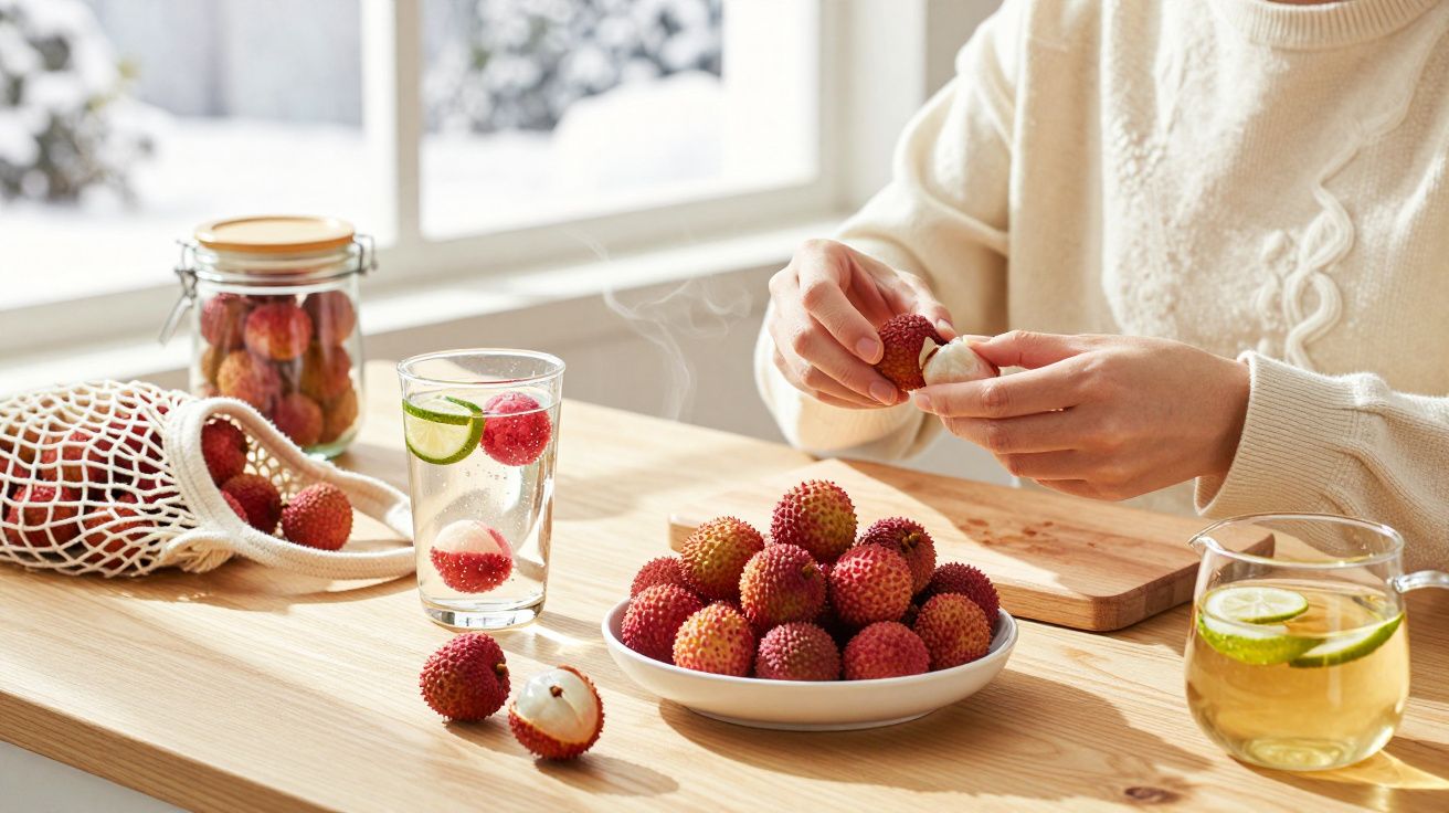 Pessoa descascando lichia em mesa de madeira com frutas, jarra, copos e sacola reutilizável.