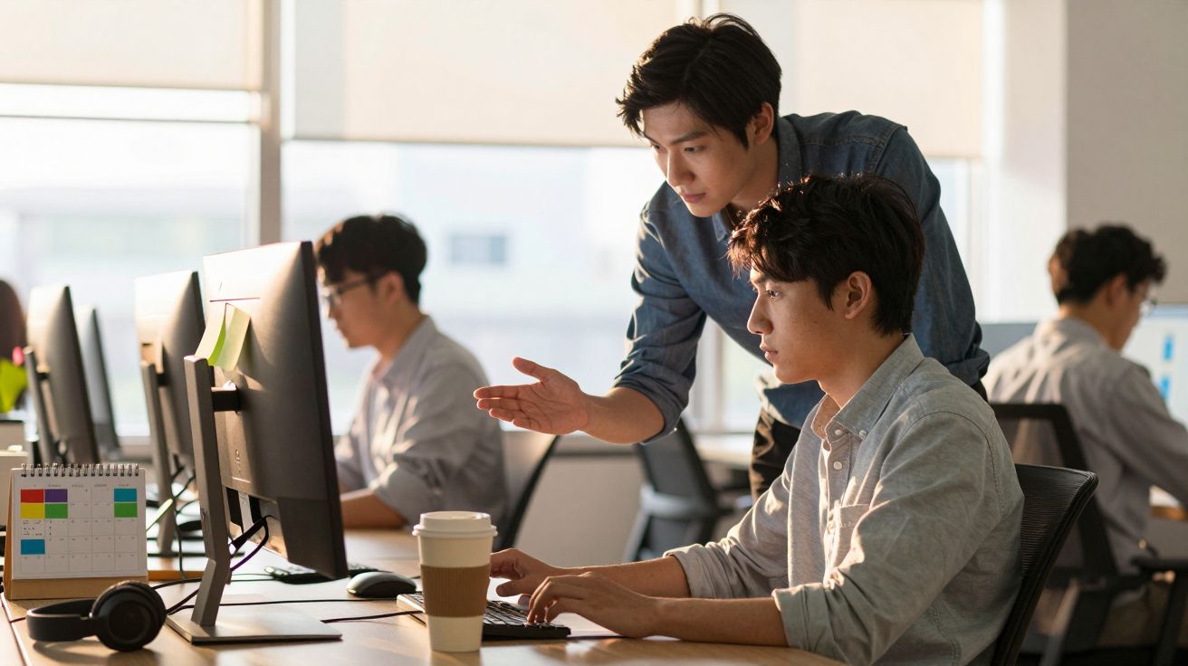 Dois jovens homens trabalham juntos em escritório moderno, focados em computador na mesa.