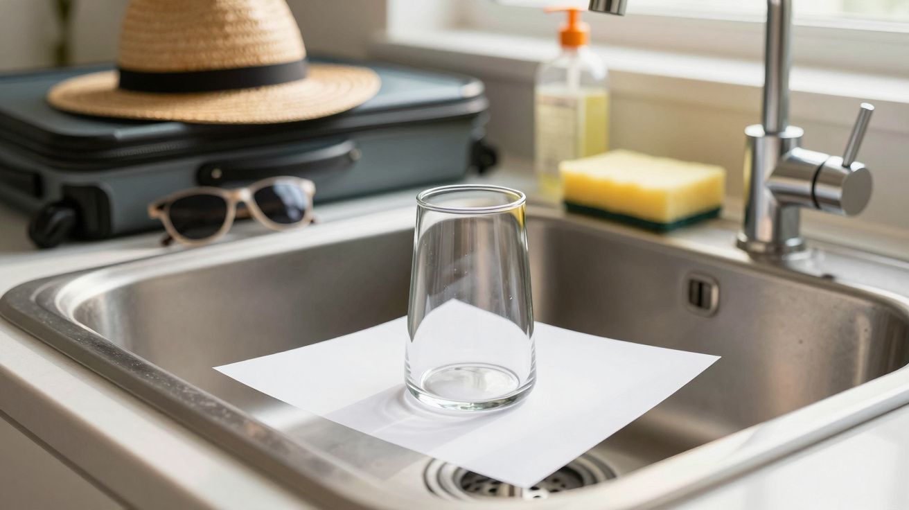 Copo de vidro virado para baixo sobre papel branco dentro de pia com mala, óculos e chapéu ao fundo.