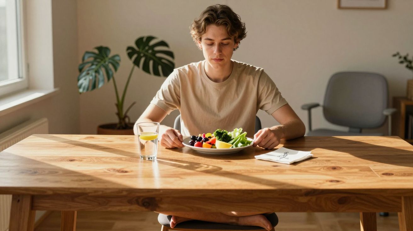 Jovem sentado à mesa com prato de frutas e legumes e copo de água com limão.