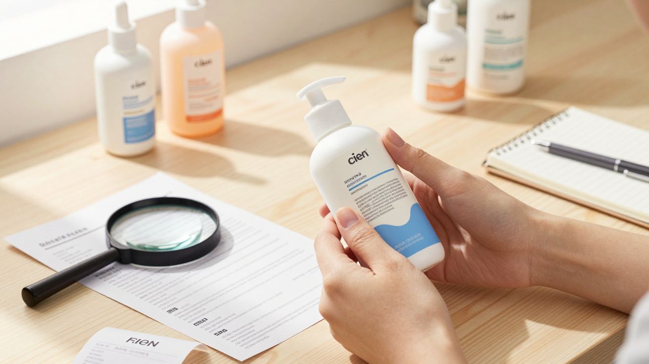 Pessoa segurando frasco de hidratante corporal da marca Cien em mesa com lupa, documentos e blocos de notas.