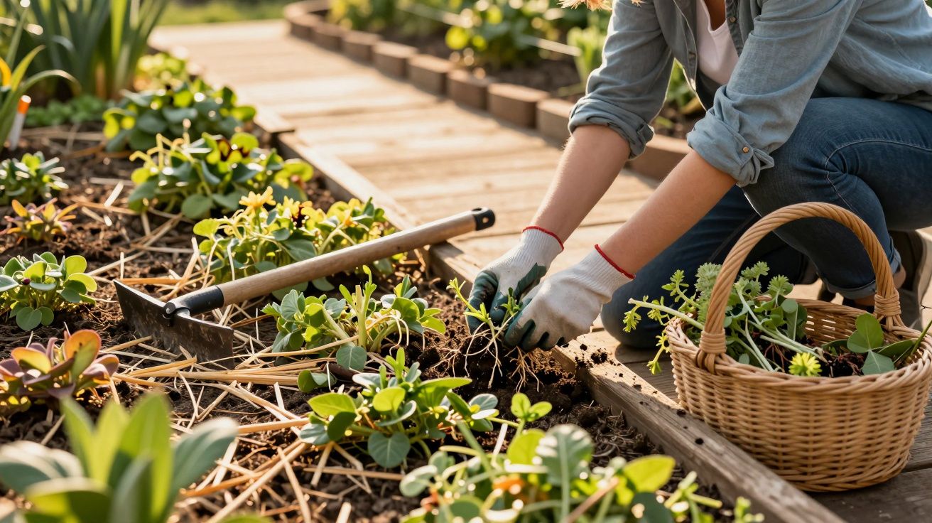 Pessoa jardineira plantando mudas em canteiro com roupas jeans e luvas, ao lado de cesta com plantas.