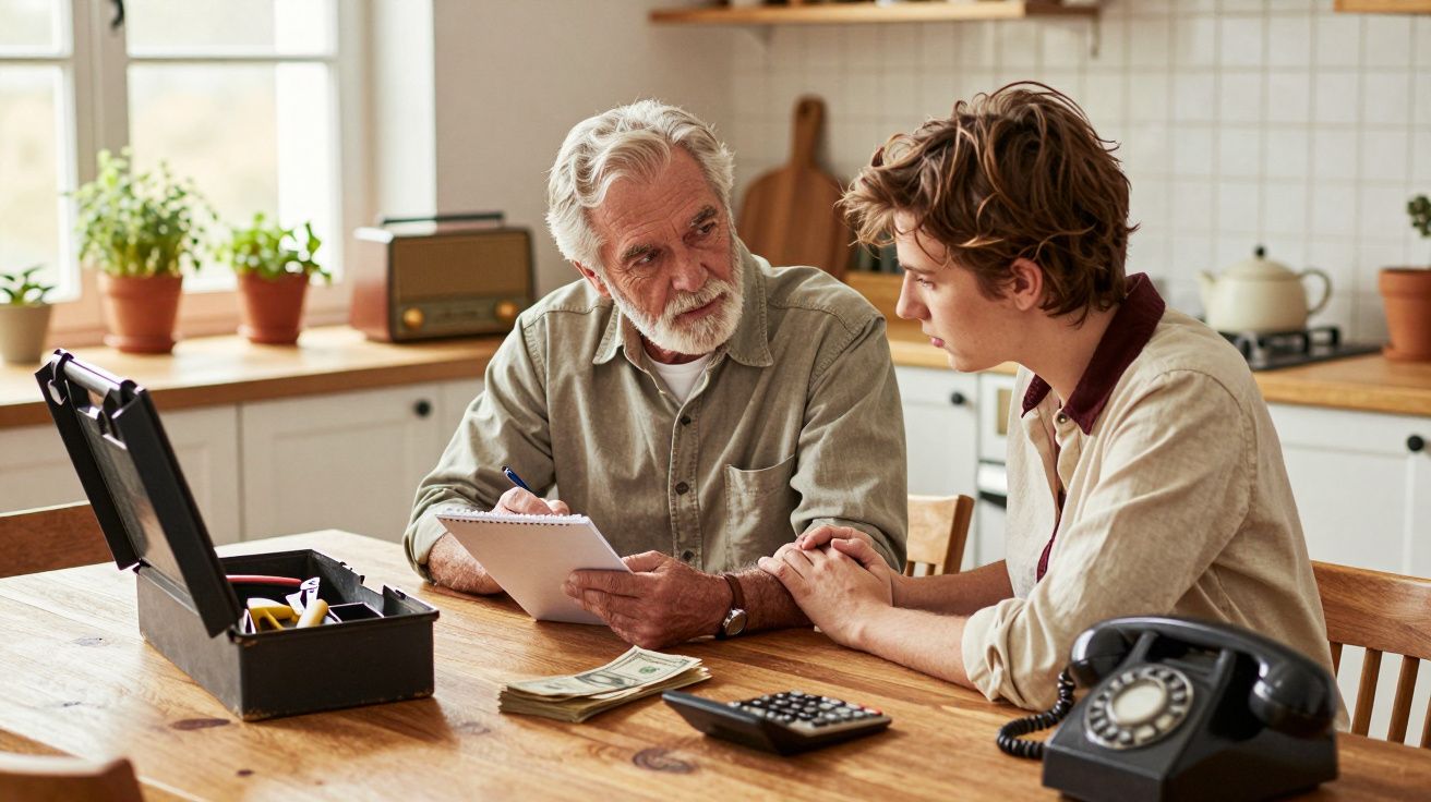 Homem idoso e jovem sentados à mesa discutindo finanças com dinheiro, calculadora e bloco de notas.