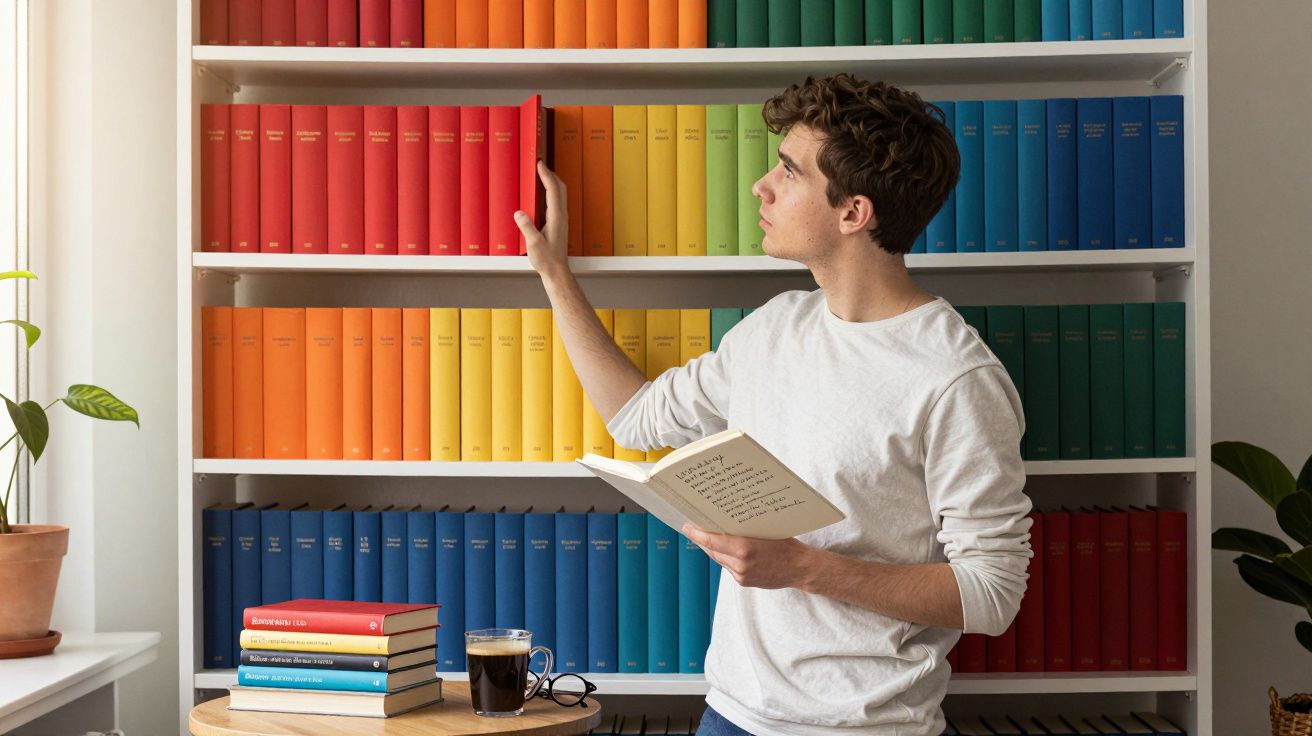 Homem jovem lendo livro e pegando outro em estante com livros coloridos organizados por cor.
