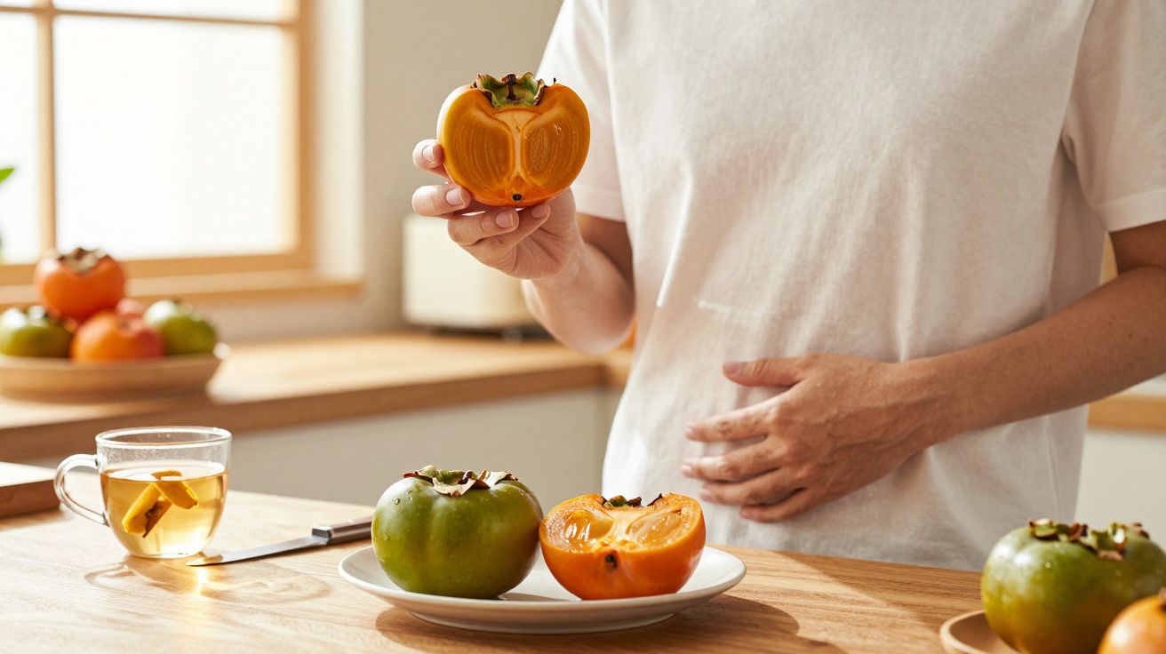 Pessoa segurando caqui cortado ao meio em cozinha iluminada, com frutas e chá na mesa.