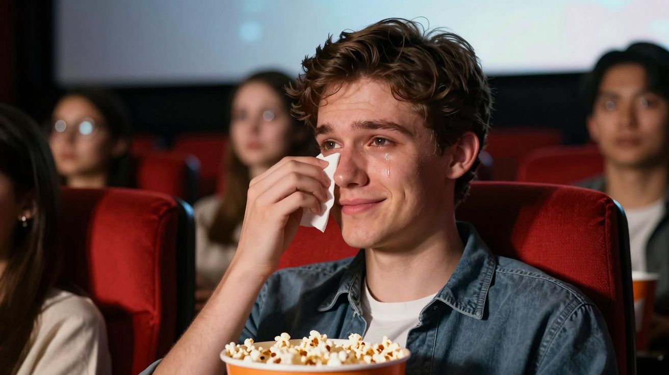 Jovem emocionado chorando e limpando lágrimas com lenço enquanto assiste filme no cinema, segurando pipoca.