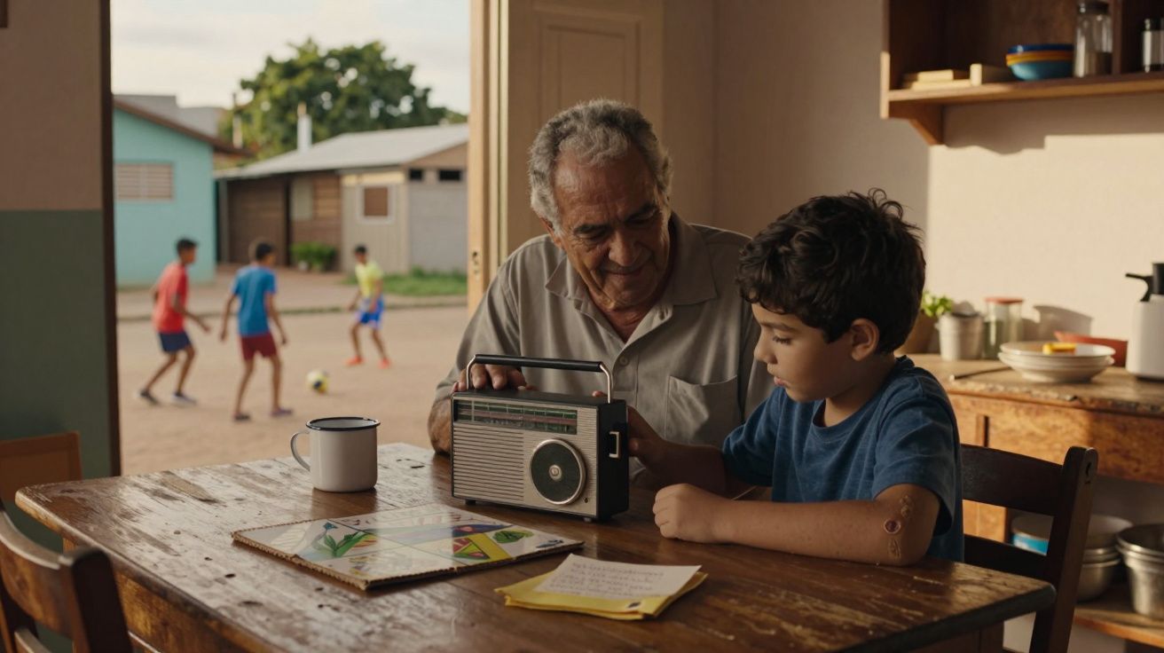 Idoso e menino sentados à mesa, ouvindo rádio, enquanto crianças jogam futebol ao fundo.