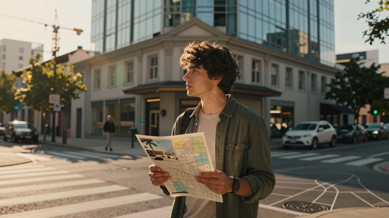 Jovem parado em faixa de pedestres segurando mapa, olhando em direção à rua em área urbana.