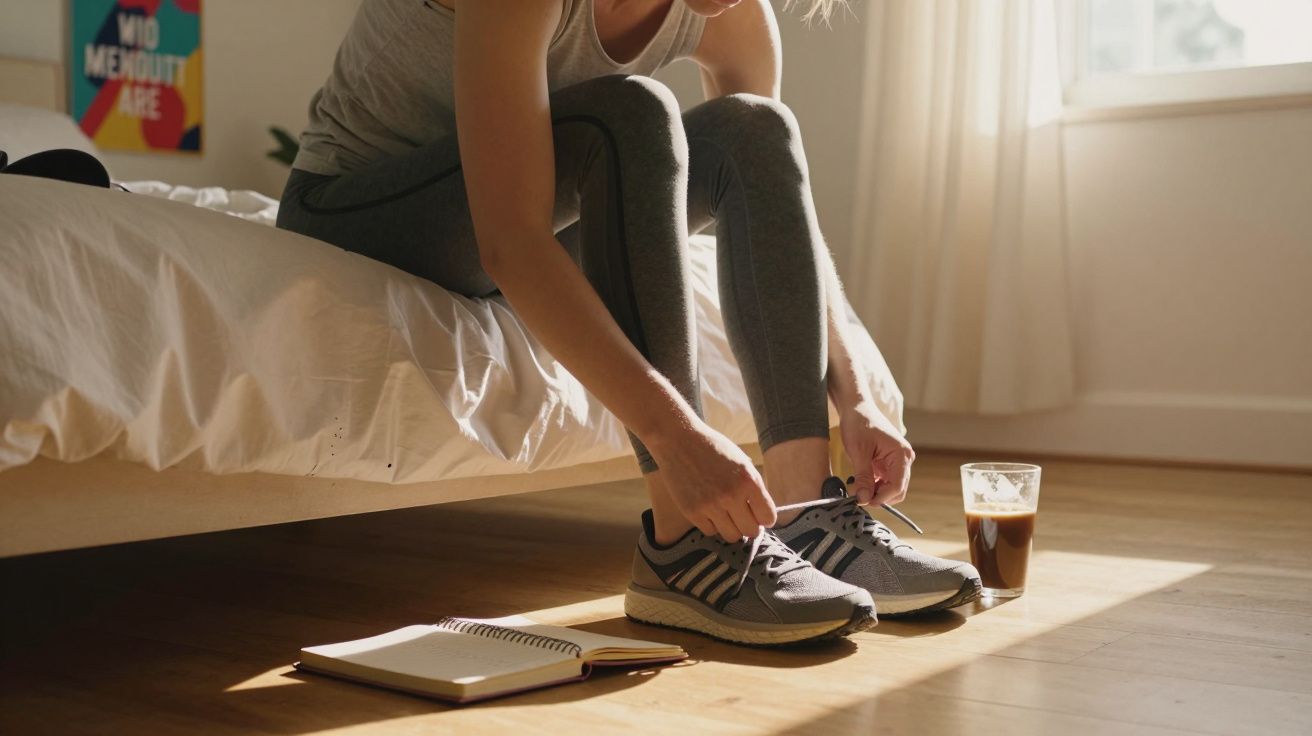 Pessoa amarrando tênis cinza ao lado de cama, caderno aberto no chão e copo com bebida sobre madeira.