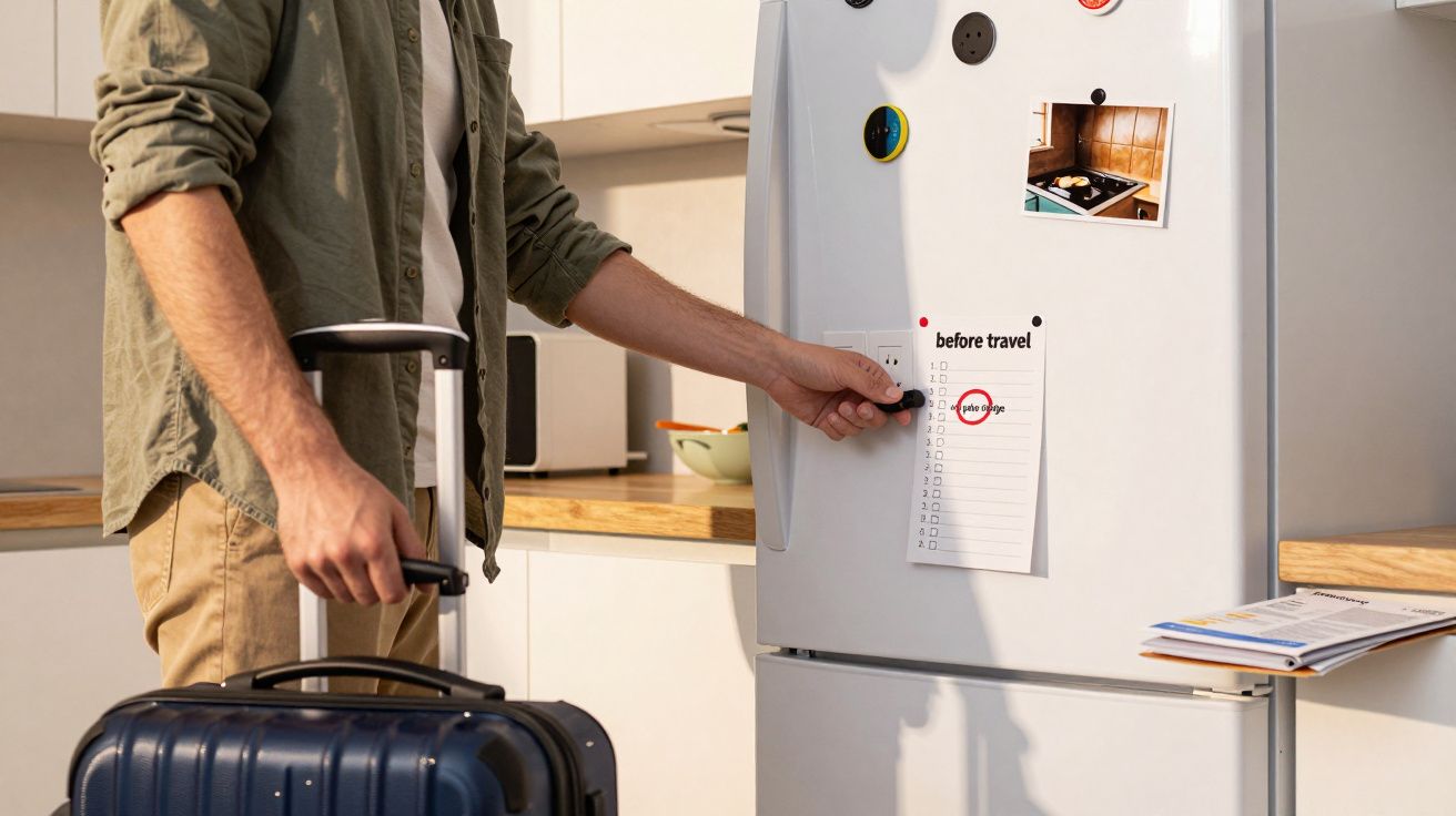 Homem segurando mala azul e desligando o botão da geladeira na cozinha antes de viagem.