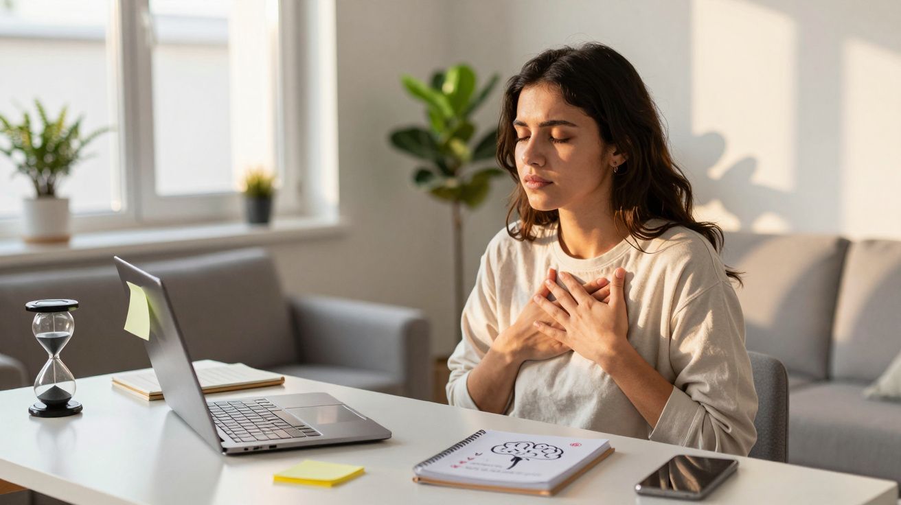 Mulher sentada em mesa com laptop, olhos fechados, mãos no peito, demonstrando respiração profunda e calma.