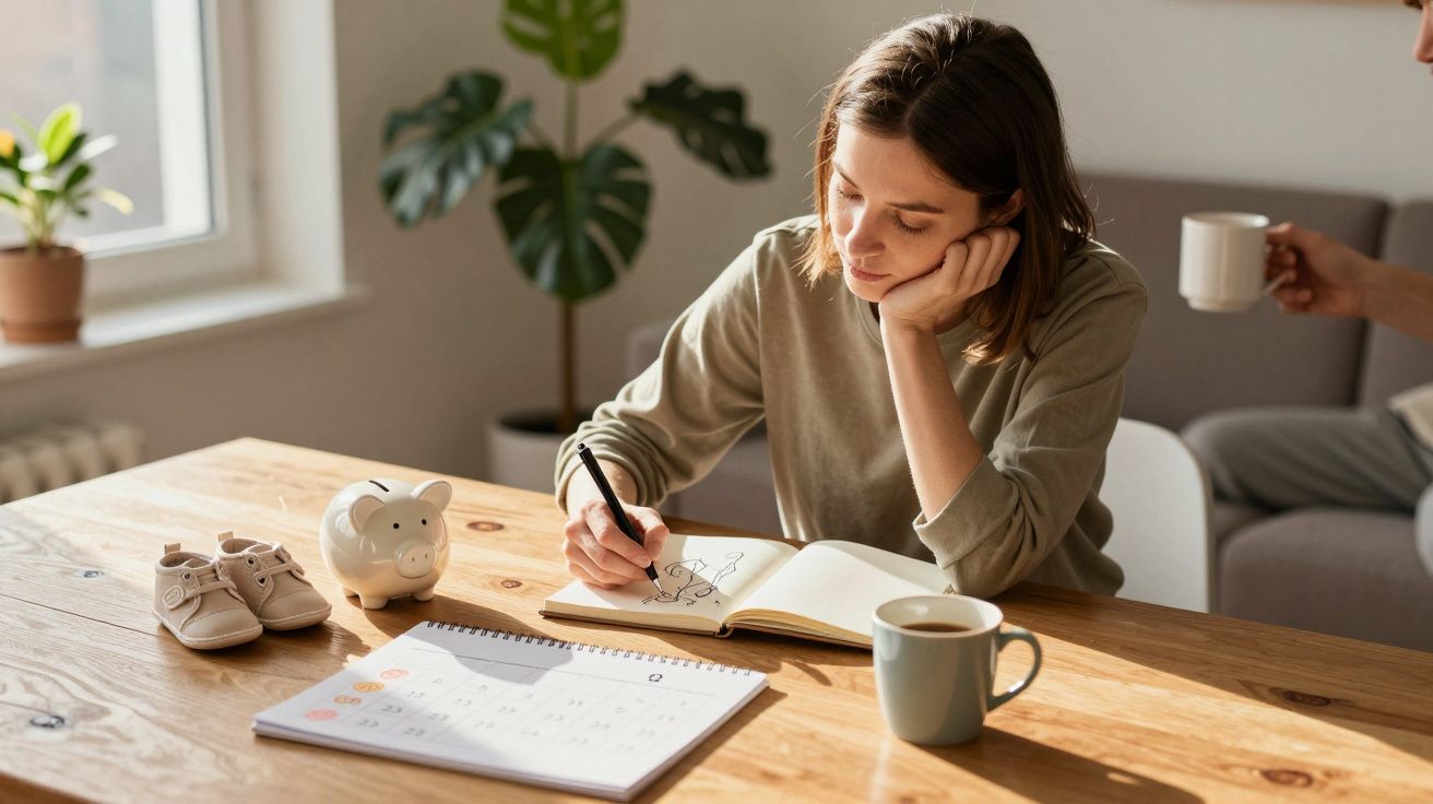 Mulher desenhando em caderno à mesa com calendário, cofrinho e sapatinhos de bebê, enquanto recebe café.