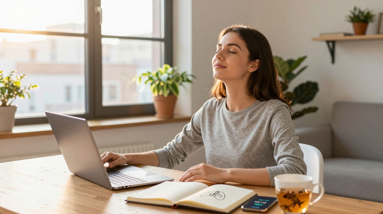 Mulher sentada à mesa, com olhos fechados e expressão tranquila, laptop e chá à sua frente.
