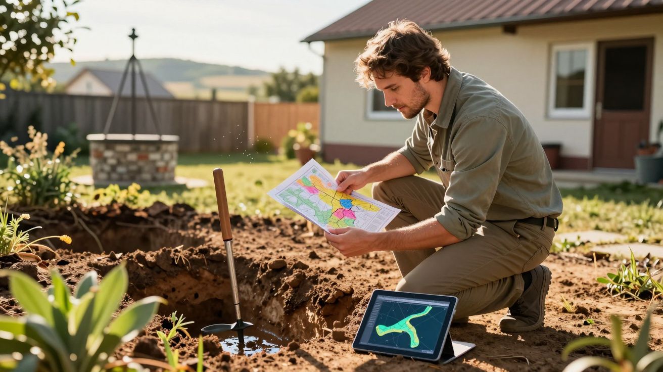 Homem analisa mapa colorido ao lado de buraco no jardim com enxada e tablet ao chão.