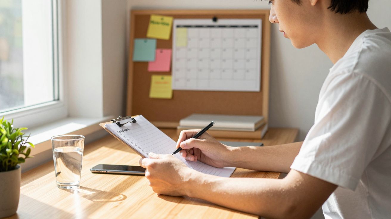Pessoa escrevendo em uma prancheta sentada em mesa com copo d'água, celular e quadro de avisos ao fundo.