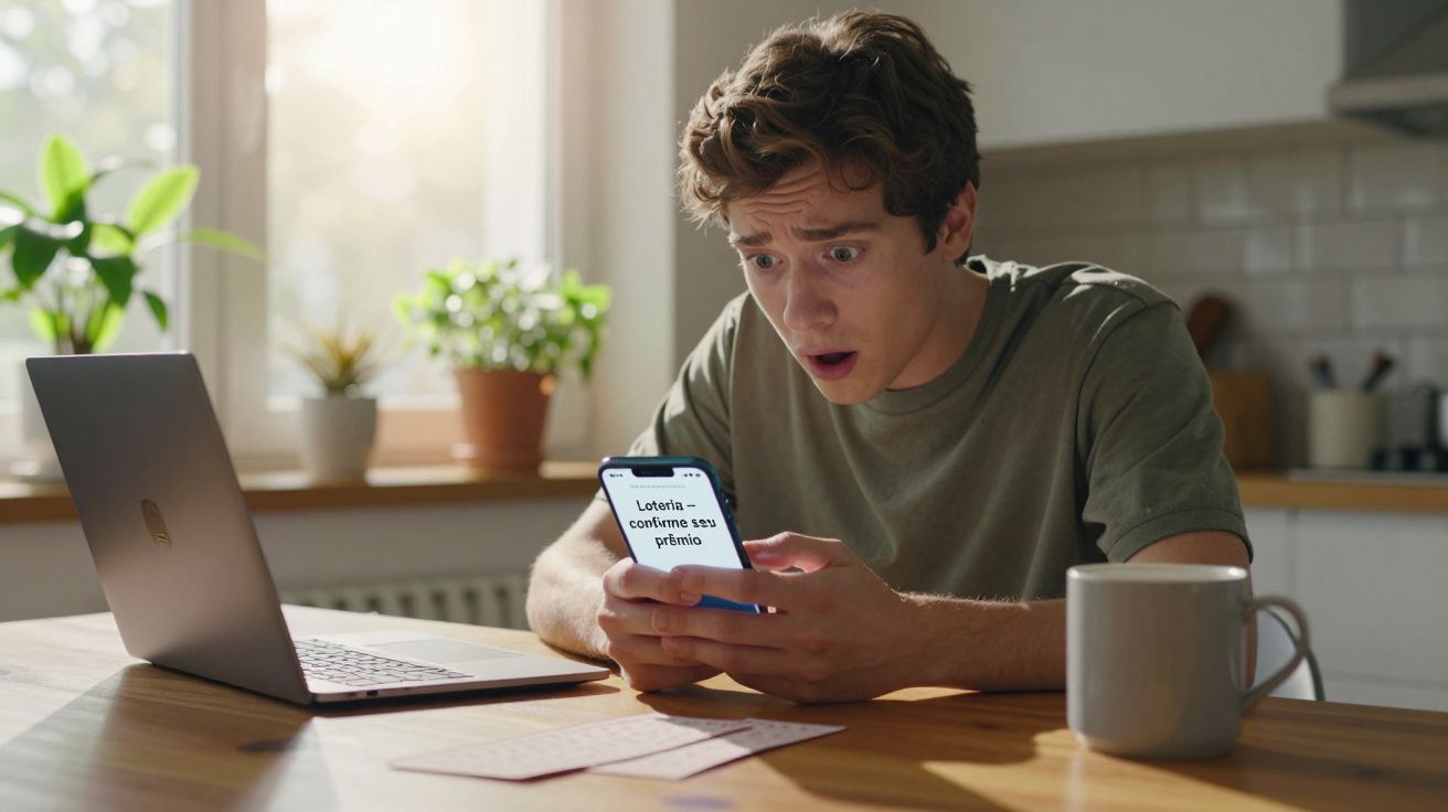 Jovem surpreso checa no celular se ganhou na loteria, sentado à mesa com laptop e caneca.