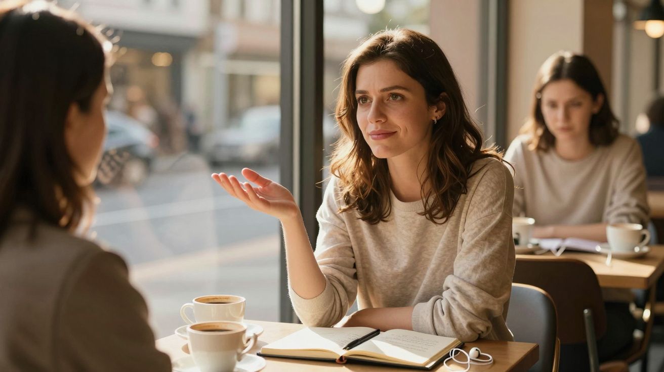 Duas mulheres conversando em café, com cadernos e xícaras de café à mesa, luz natural entrando pela janela.