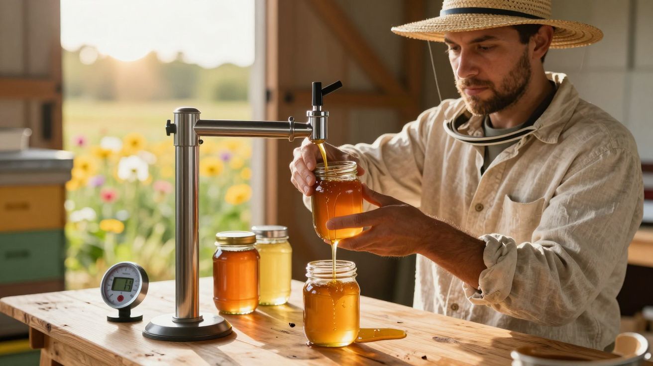 Apicultor com chapéu enchendo potes de vidro com mel dourado em ambiente com luz natural e flores.