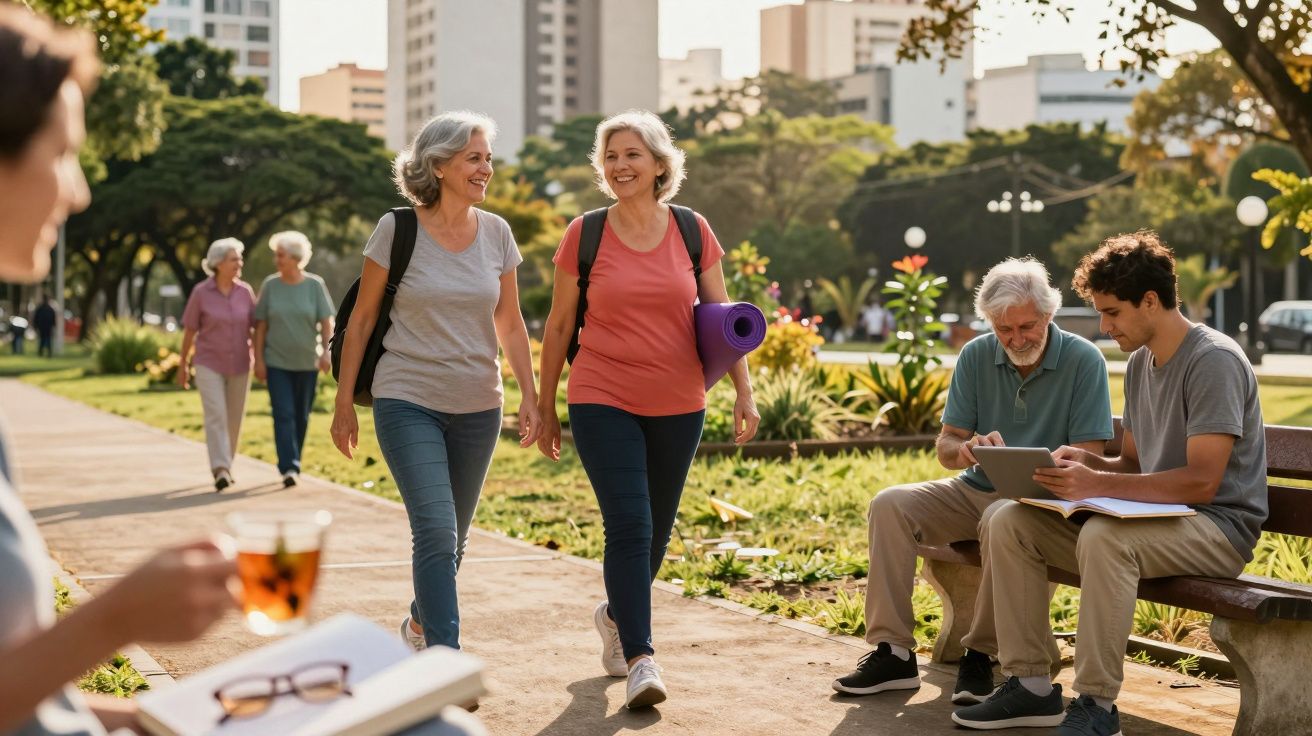 Duas mulheres sorridentes caminhando em parque urbano, com pessoas sentadas e andando ao fundo.