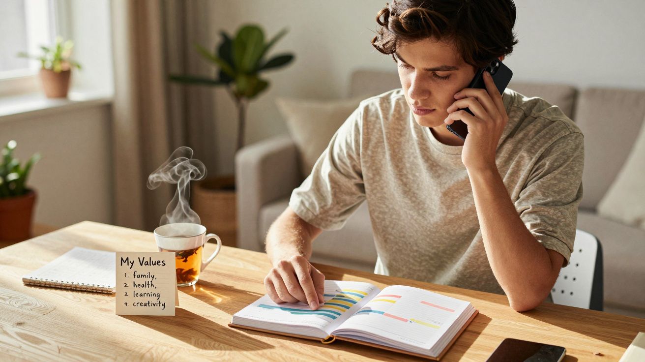 Jovem falando ao telefone enquanto lê agenda, com xícara de chá fumegante e lista de valores na mesa.