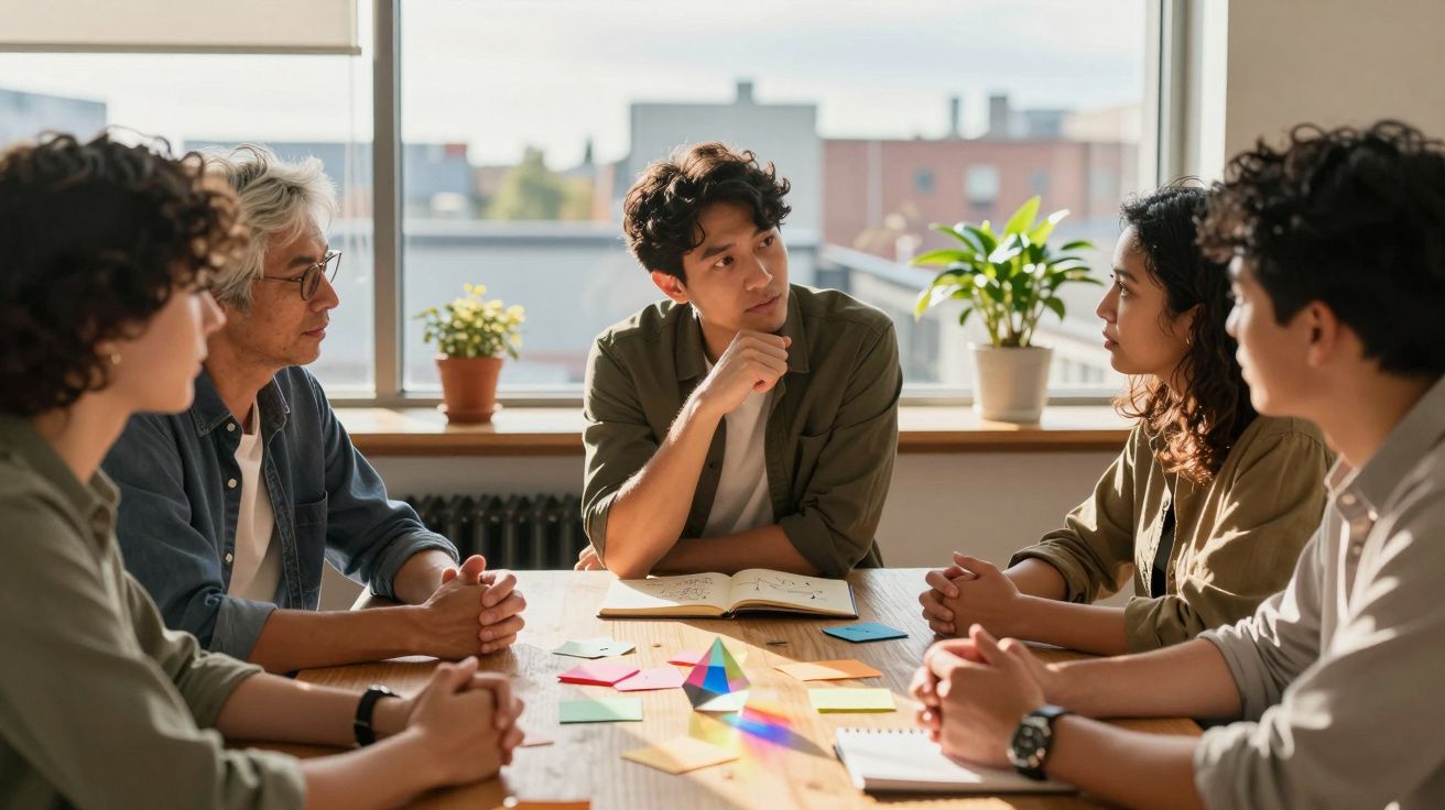 Grupo de cinco jovens em reunião de trabalho com anotações e post-its numa mesa iluminada pela luz natural.