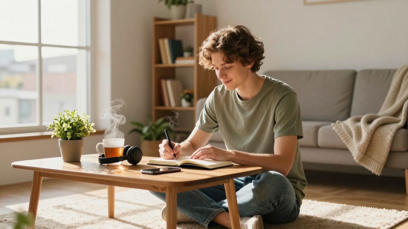 Jovem sentado no chão da sala escrevendo em caderno com xícara de chá e fones de ouvido na mesa de madeira.