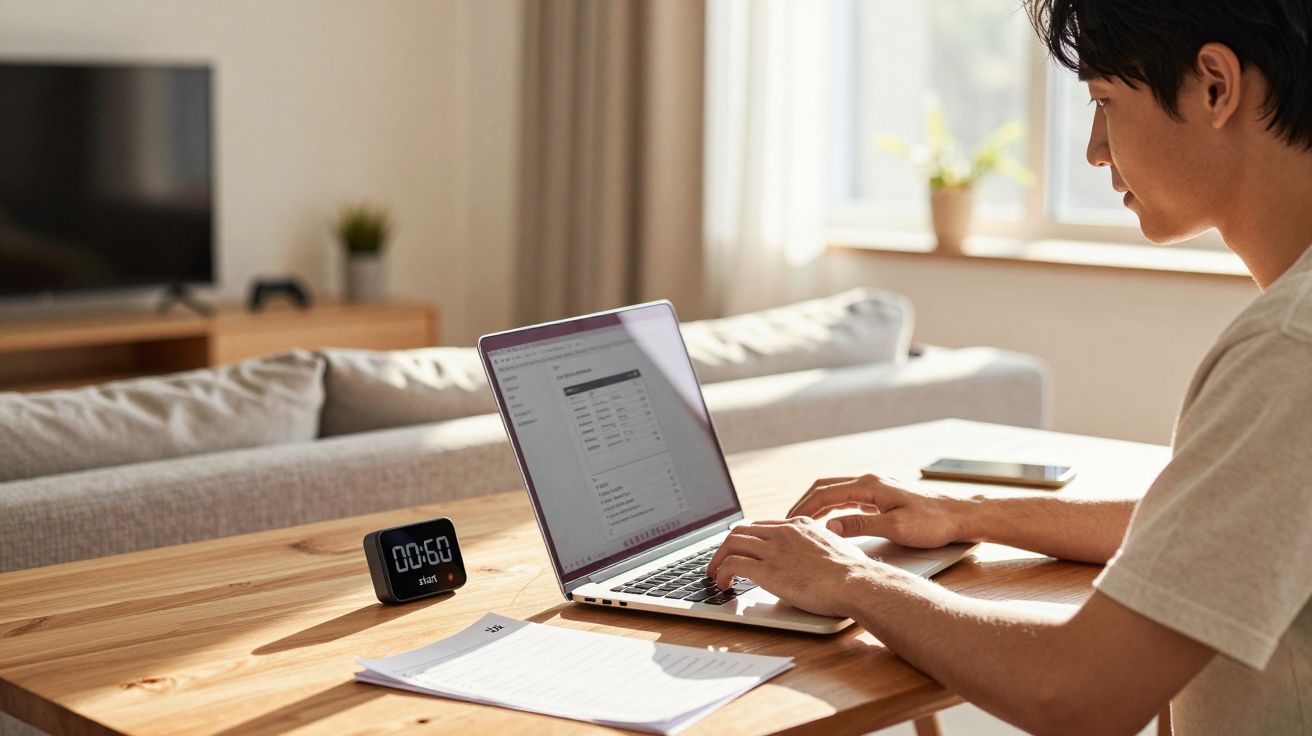 Homem jovem trabalhando em um laptop em mesa de madeira com bloco de notas e cronômetro digital.