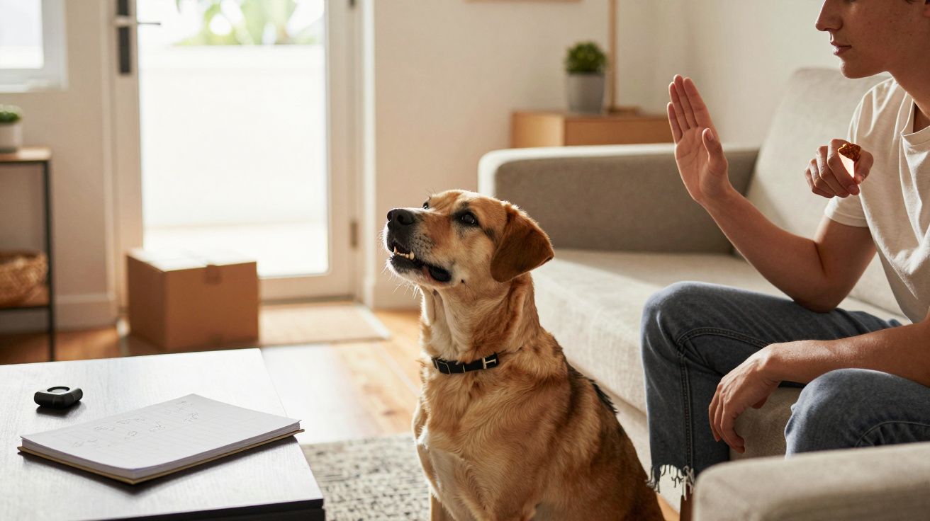 Pessoa treinando um cachorro sentado na sala de estar iluminada por luz natural.