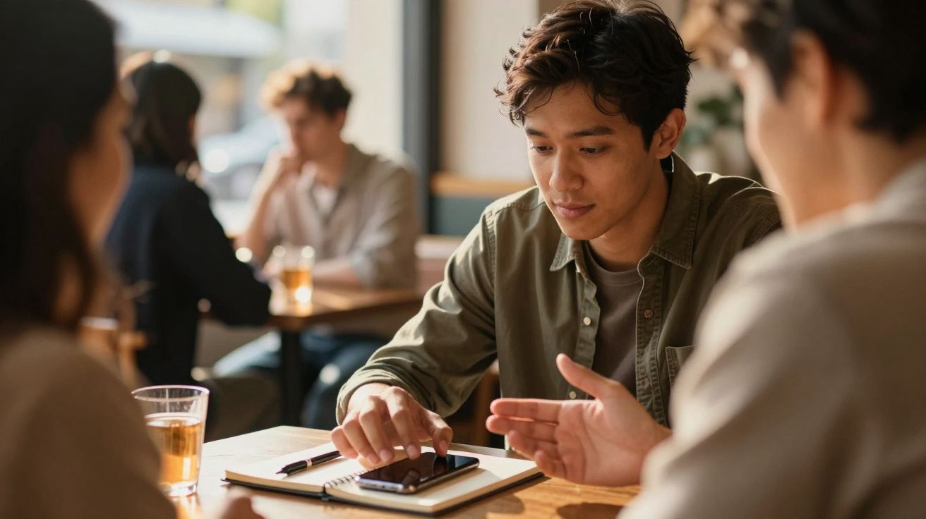 Jovem mostrando conteúdo no celular para outras duas pessoas durante reunião informal em café.