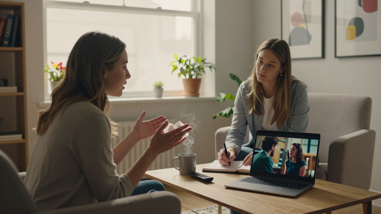 Duas mulheres conversando em uma sala com laptop aberto mostrando vídeo e caneca com bebida quente.