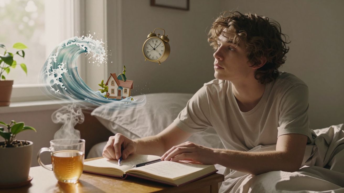 Jovem escrevendo em caderno na cama, com chá na mesa, olhando para relógio flutuante e onda com casa pequena.