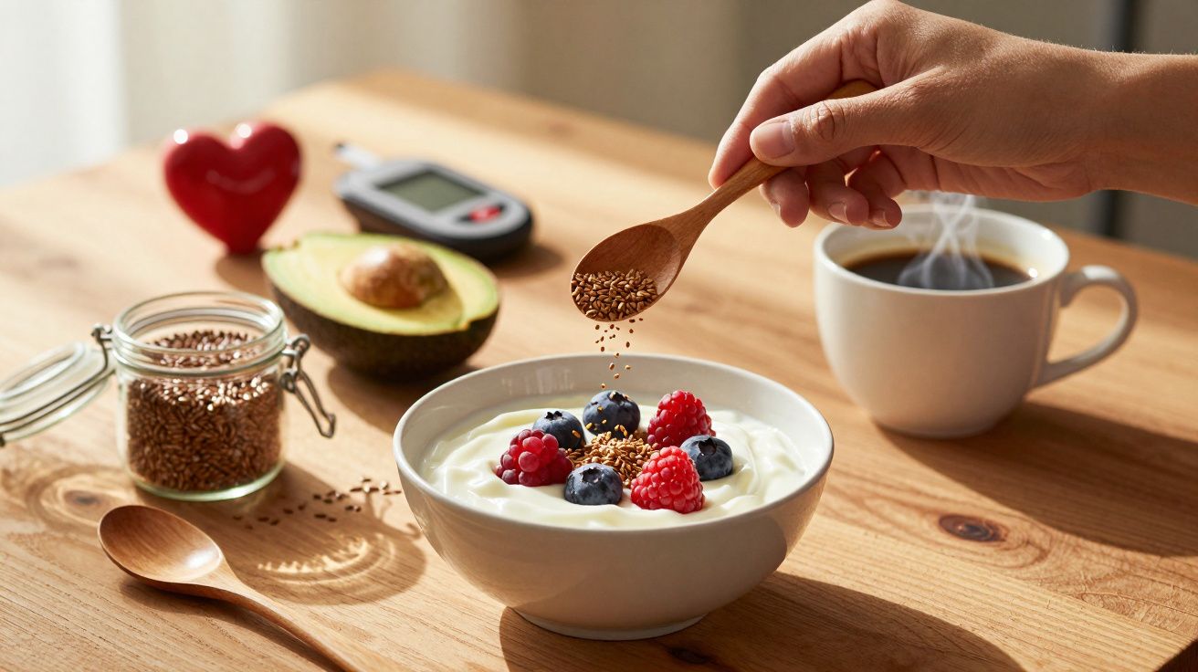 Mão polvilhando sementes sobre iogurte com frutas vermelhas, abacate, xícara de café e medidor de glicose.