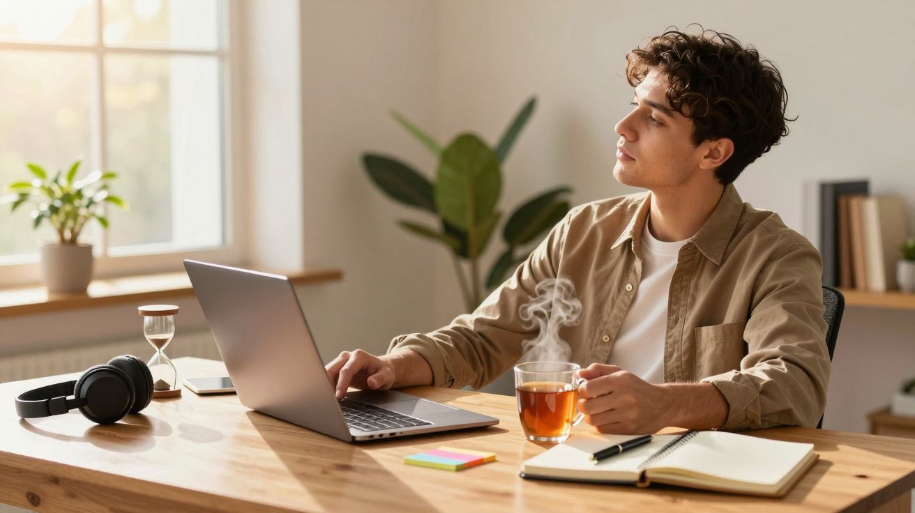 Homem jovem sentado à mesa com laptop e chá quente, olhando pensativo para o lado em ambiente claro.