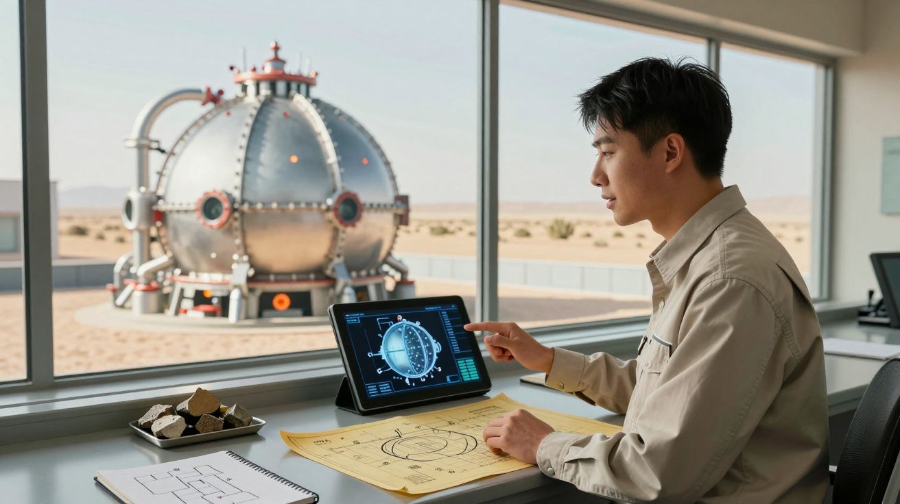 Homem analisa projeto de módulo espacial em tablet com maquete e peças sobre a mesa, visto em laboratório.