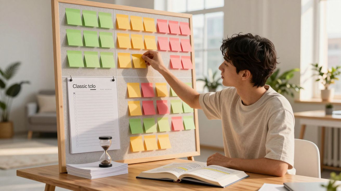 Jovem organizando notas coloridas em quadro de avisos em ambiente de estudo iluminado.
