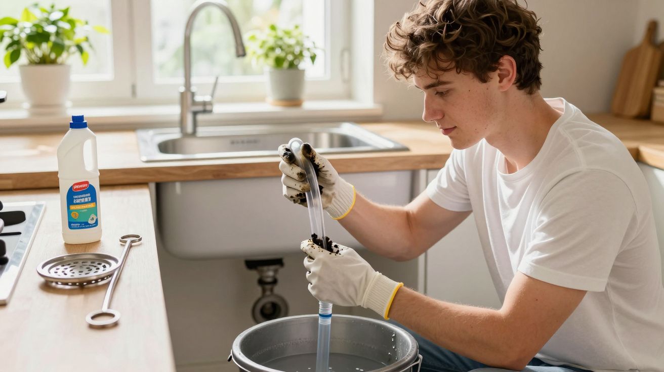 Jovem com luvas brancas desentupindo cano na cozinha usando mangueira e balde de água.