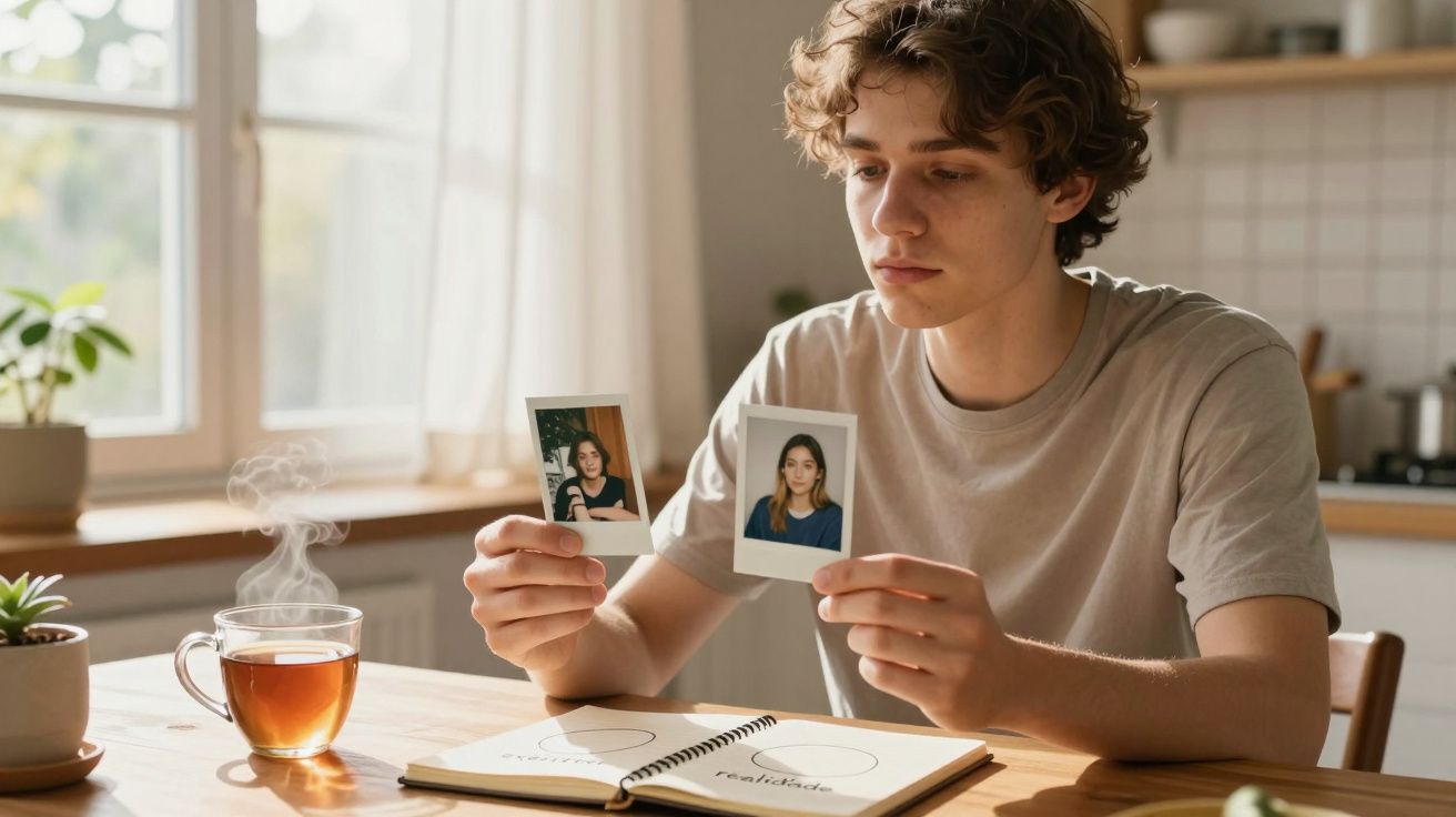 Jovem sentado à mesa segurando duas fotos Polaroid e olhando pensativo, chá quente ao lado.