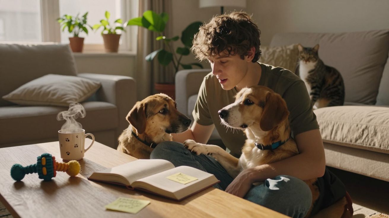Jovem sentado no chão com dois cães e um gato ao fundo, em sala com luz natural.