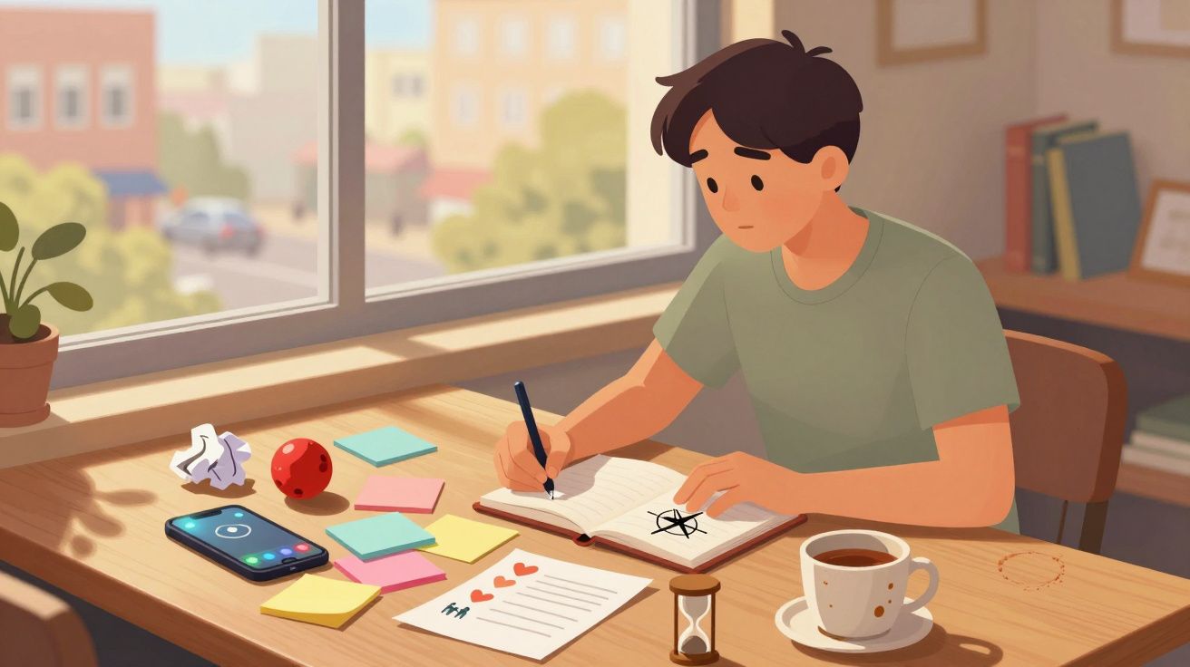 Jovem sentado escrevendo em caderno perto de xícara de café e objetos sobre mesa iluminada por luz natural.